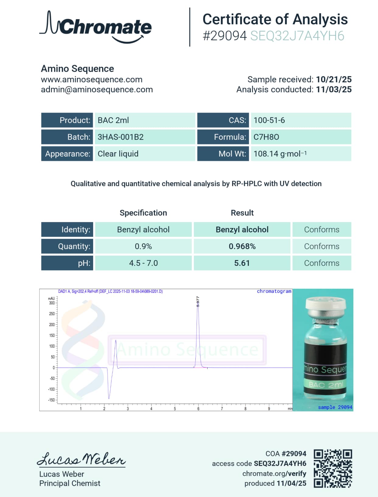 Bacteriostatic Water (2mL) Certificate of Analysis from Amino Sequence