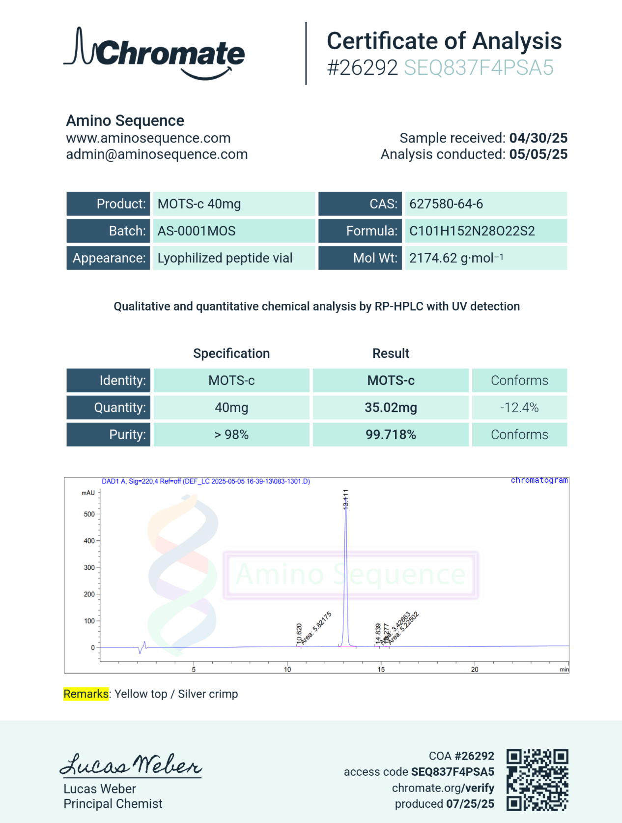 MOTS-c (40mg) Certificate of Analysis from Amino Sequence