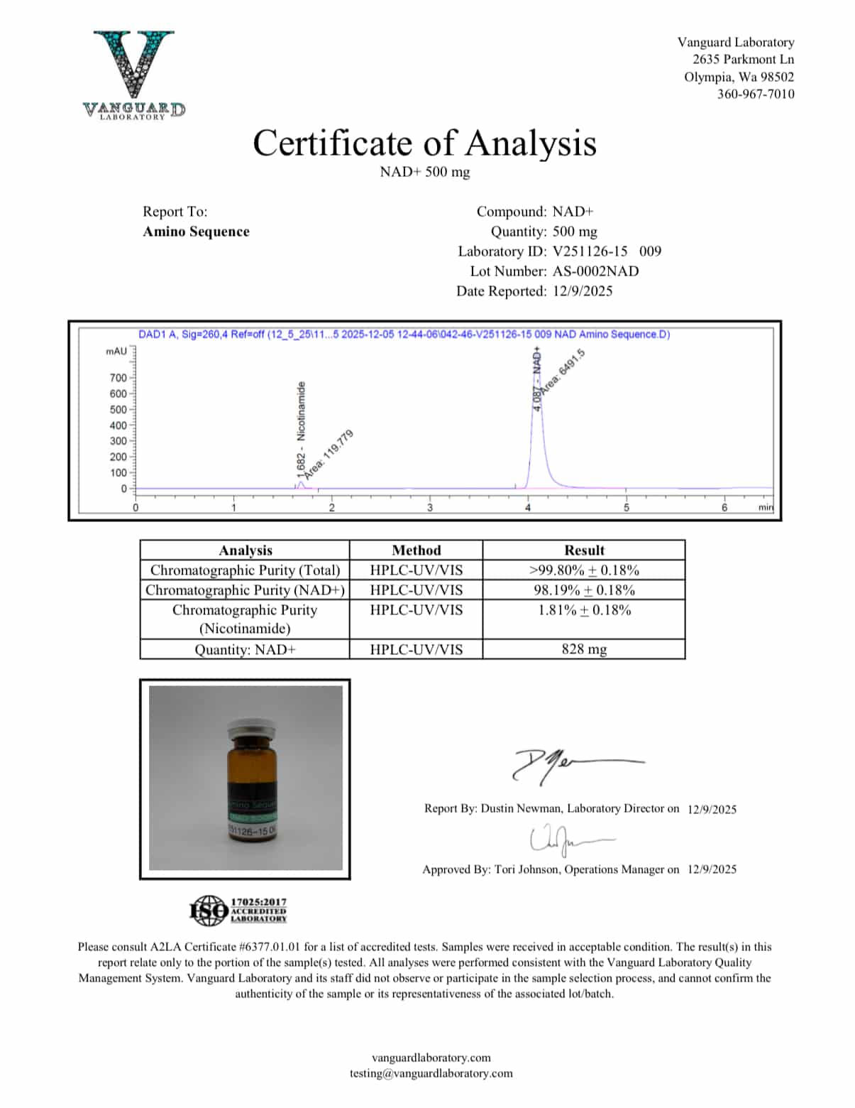 NAD+ (500mg) Certificate of Analysis from Amino Sequence