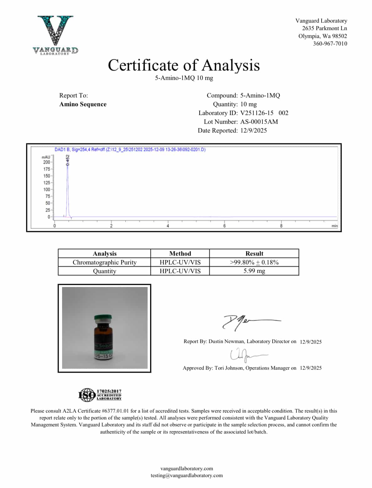 5-Amino-1MQ (10mg) Certificate of Analysis from Amino Sequence